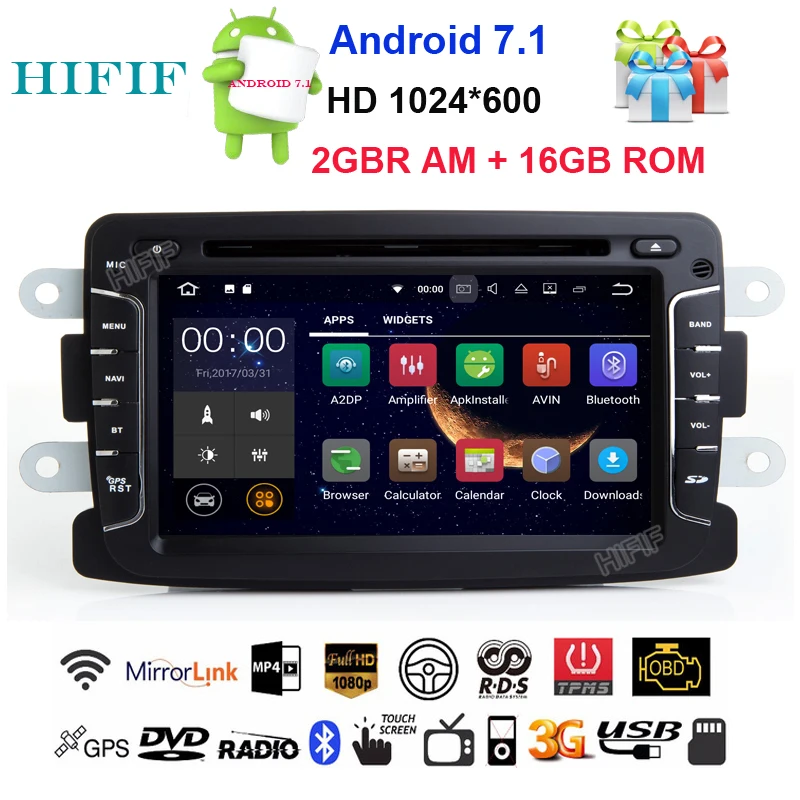 Top HIFIF Quad Core Pure Android 7.12 GPS Navigator Radio For Dacia Renault Duster Logan Sandero Cardvd Central Cassette Player maps 0