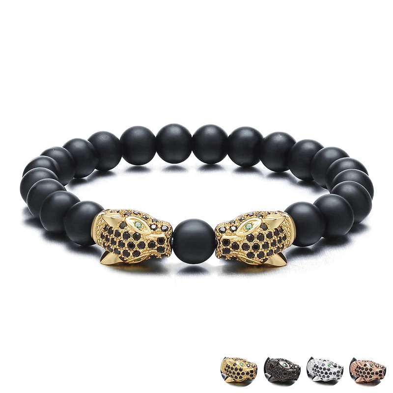 Black CZ Stone Leopard Head Strand Bracelets Men Jewelry With Green