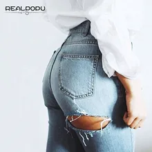 Realpopu 2017 Лето Рваные Джинсы Для Женщин Регулярные Прямые Середины Талии лодыжки Длина Брюки Обратно Отверстие Сексуальные Джинсы Женщина Т Bts