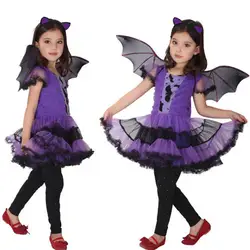 2018 Мода для От 3 до 15 лет Дети для маленьких девочек одежда на Хэллоуин Костюм Платье До Колена + обруч для волос + крыло летучей мыши наряд p35