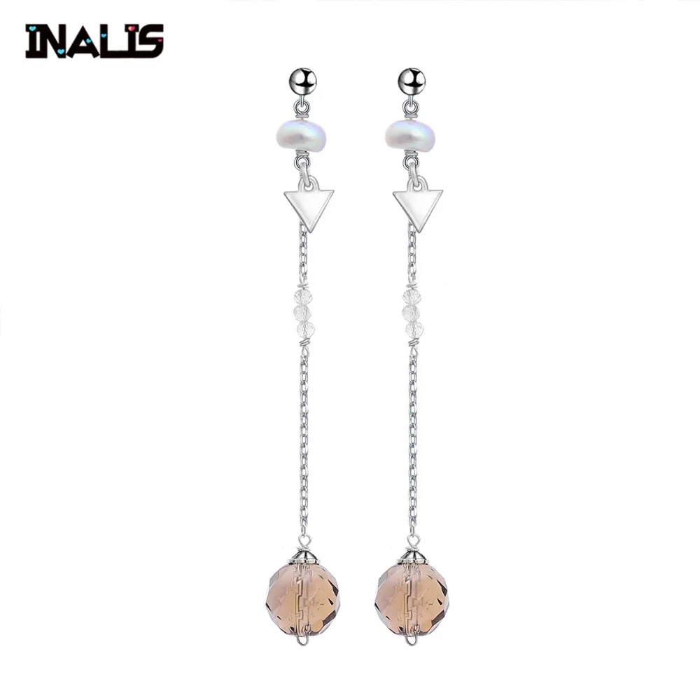

INALIS New Elegant Design Long Chain Drop Earrings 925 Sterling Silver Fine Jewelry Natural Pearl Stone Dangle Brincos for Women