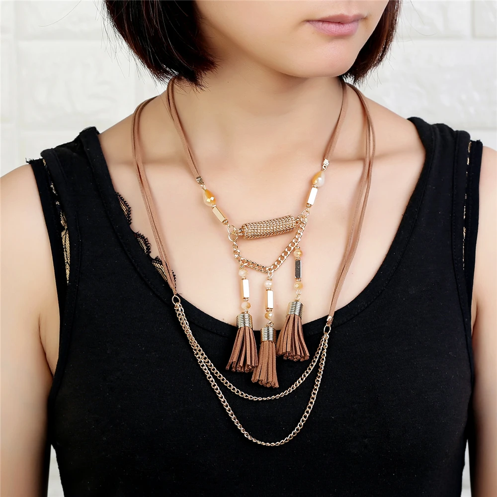 

2017New Design Fashion Jewelry Double Layer Leather Tassel Pendant Vintage Leave Charm Bohemian Style Long Necklace For Women