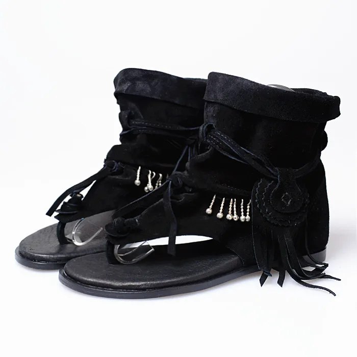 Prova Perfetto Bohemia летние женские сандалии в этническом стиле с кисточками женские ботильоны сандалии римские стринги гладиаторские плоские сандалии - Цвет: Black