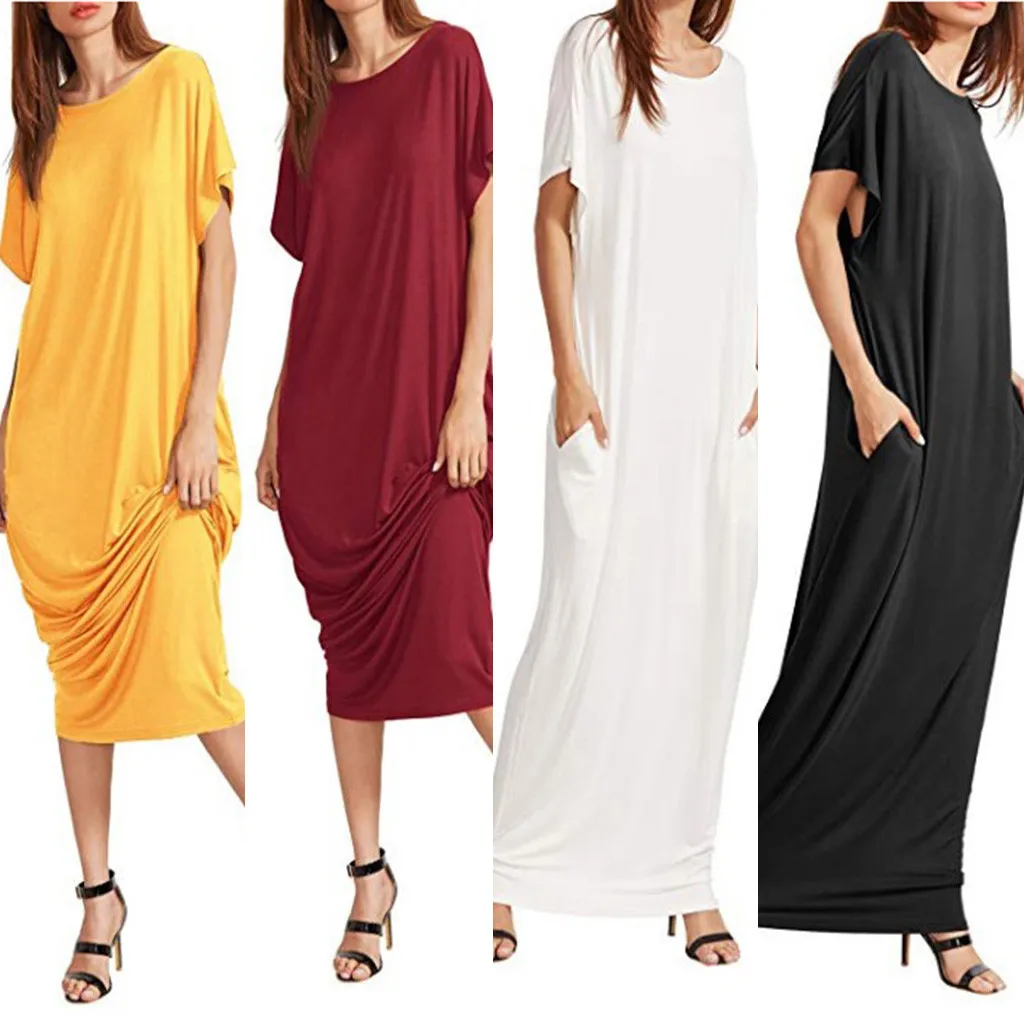 

Female fashion Women's Summer Short Sleeve Solid Color Casual Loose Long Pocket Dress S-XL Sexy Women Multiway Convertible