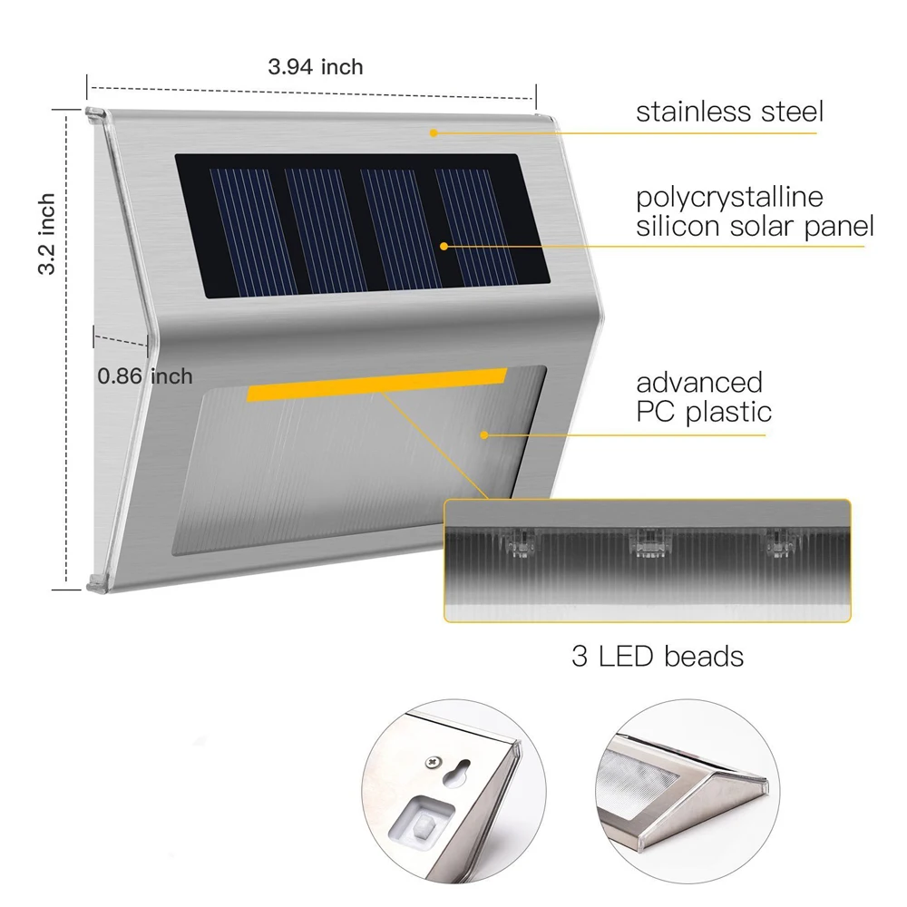 1PC 2PCS 4PCS LED Solar Light Stainless Steel 3LED IP65 Waterproof Solar Wall Lamp Outdoor Courtyard Pathway Fence Lighting