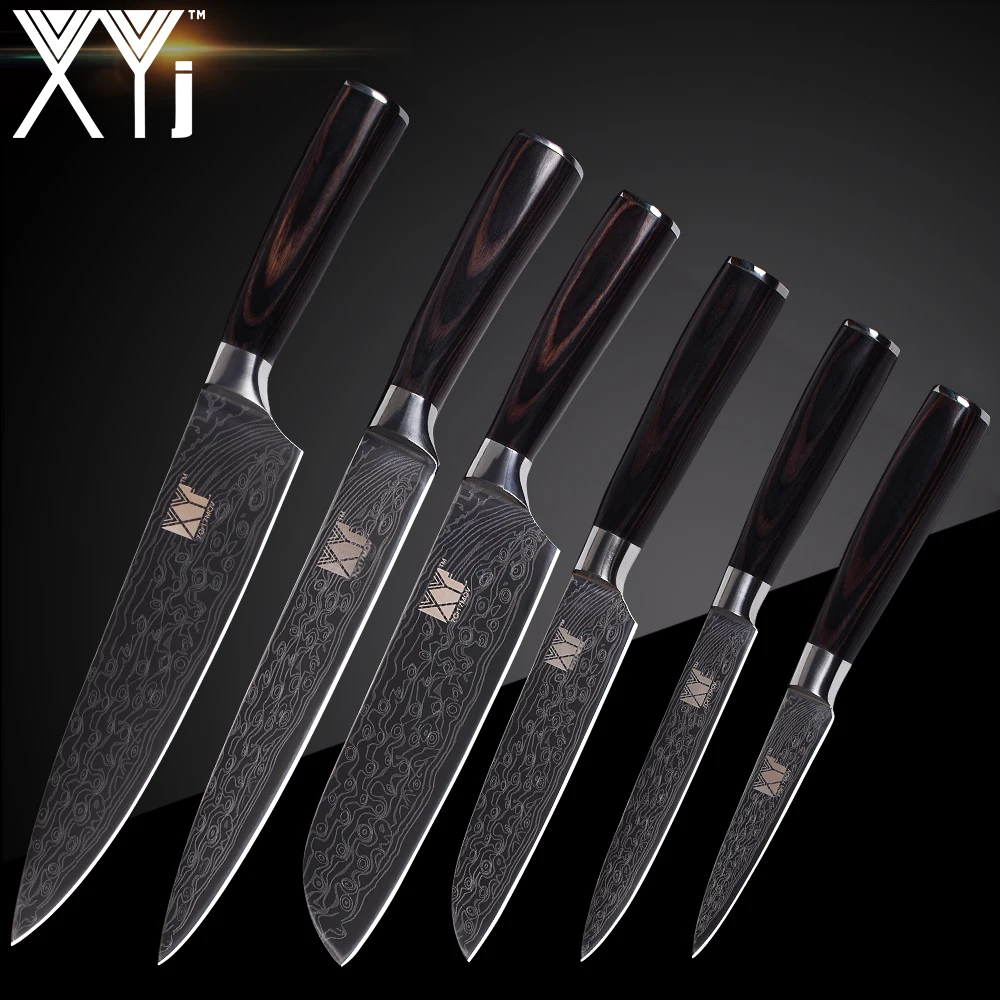 XYj High Quality 6 PCS Sets Kitchen Knives Set Stainless Steel Paring Utility Santoku Chef Slicing Kitchen Knife Cooking Tools