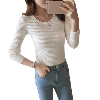 

Knit Sweater Women Fall Autumn Basic Round Neck Full Sleeve Pure Color Slim Twist Knitwear Tops Female Pullovers and Sweaters