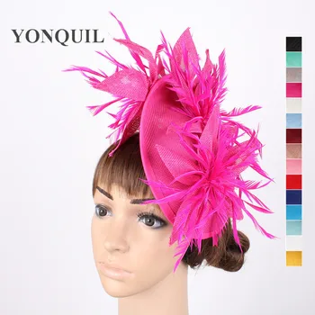 

Hot pink or 16 Colors women elegant flower hair fascinator hats with feathers headbands ladies wedding headwear hair accessories