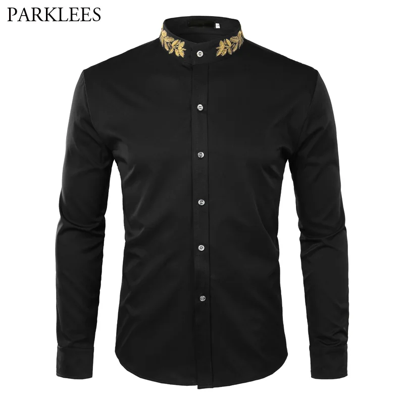 Beste Mode Borduren Overhemd Mannen 2018 Herfst Nieuwe Mandarijn Kraag Lange Mouwen Dress Shirt Heren Slim Fit Wedding Tuxedo Shirts Mannelijke