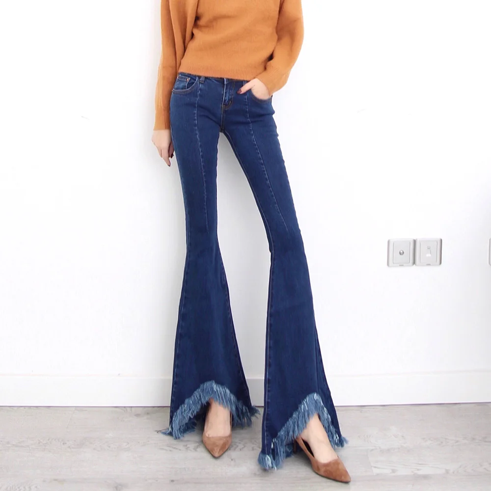 

Free Shipping 2019 Fashion Long Jeans Pants For Women Flare Trousers Plus Size 24-32 Size Denim Summer And Autumn Tassels Jeans