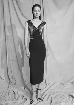 

High Quality Sexy Women Beading Black Mid-Calf Rayon Bandage Simple Elegant Homecoming Evening Party Dress