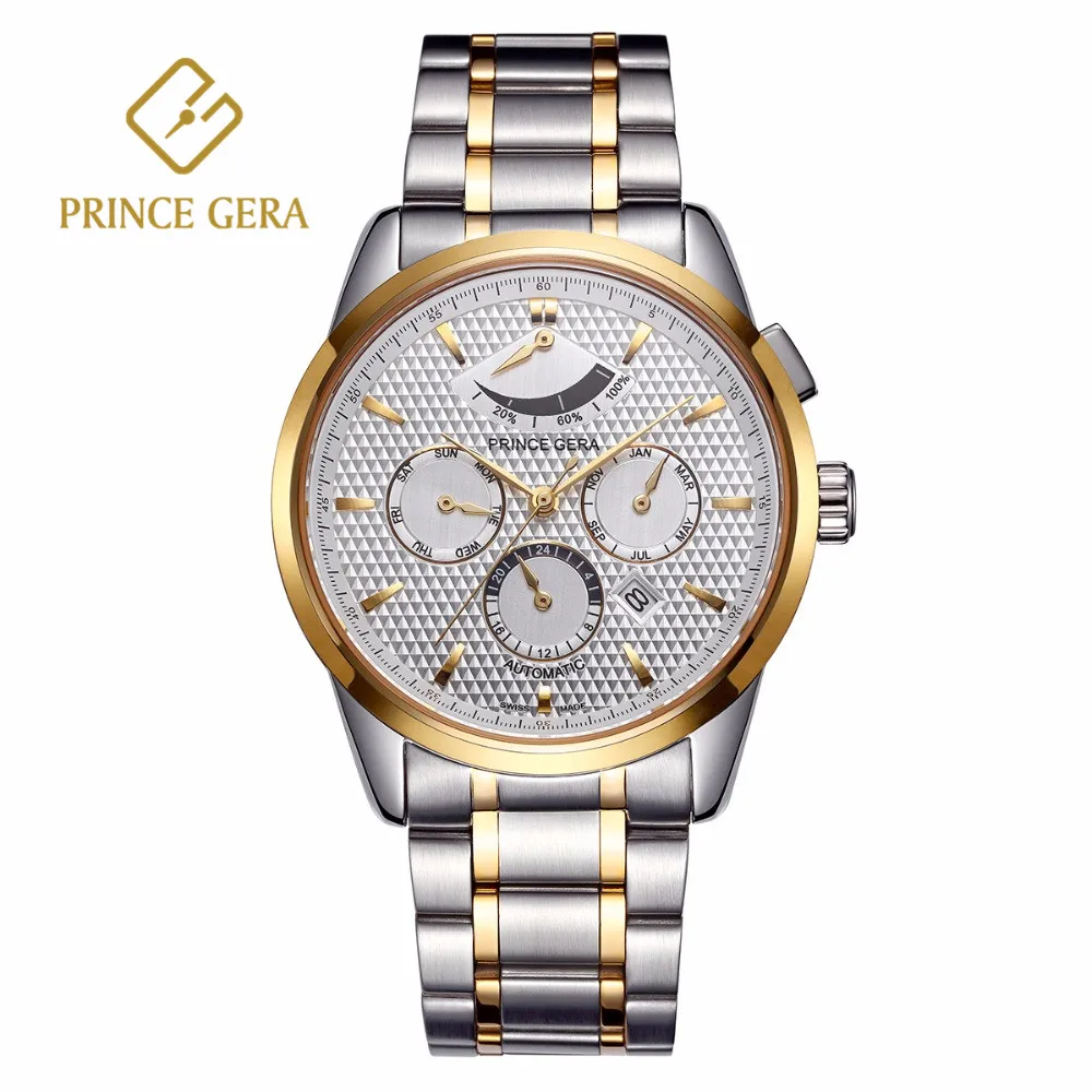 

PRINCE GERA Luxury Men's Mechanical Watch Waterproof Auto Date Month Week Display Automatic Watch Top Men Mechanical Wristwatch