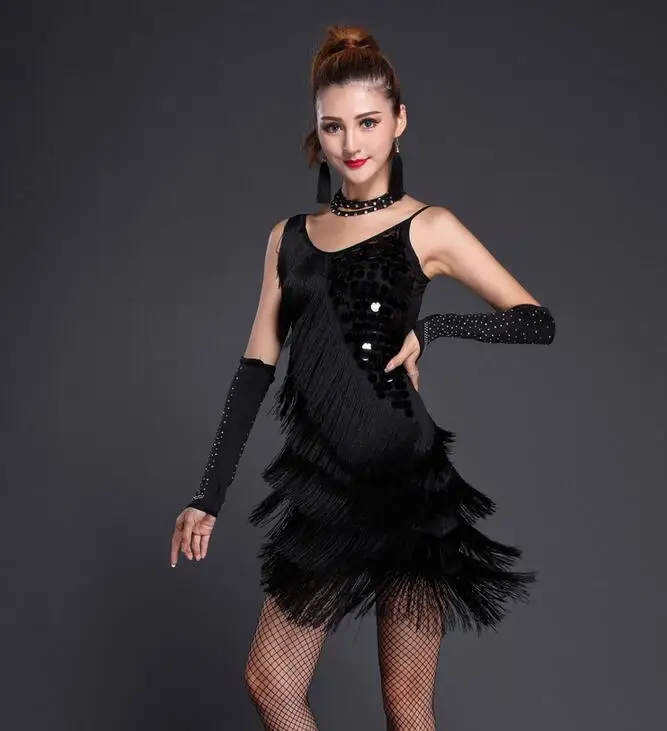 Комплект из 3 предметов(платье+ перчатки) платье для латинских танцев бальная блестящая бахрома с блестками и кисточками танцевальная одежда красный королевский синий черный - Цвет: Черный