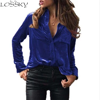

Gold Velvet Women Blouse Tops Long-sleeved Lapel Casual Ladies Shirt 2018 Autumn Winter New Fashion Female Velvet Shirts