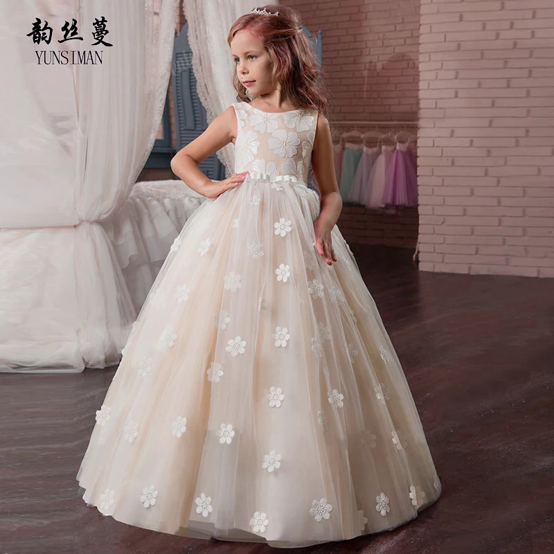 

Elegant Girls Clothes Wedding Long Dresses Girls Sleeveless O-neck Flower Party Dress Kids Princess Ball Gown for 6 - 16 Y 2A19A
