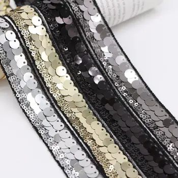 

15Yards DIY Gold Sequins Ribbon Silver Trim Fabric For Latin Dance Dress Wedding Hair Decoration Paillette Black Mesh Net Lace