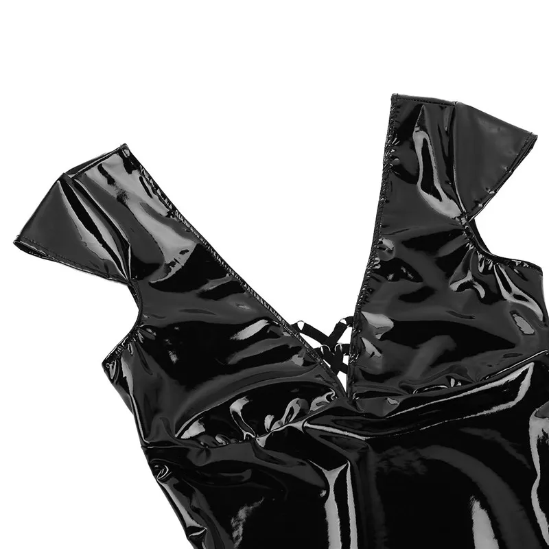 Женское цельное Wetlook женское белье из лакированной кожи с рукавами-крылышками и v-образным вырезом на спине, сексуальное боди, женское белье, клубная одежда