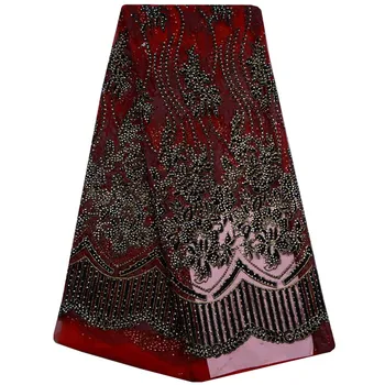

Red Color Net Lace Fabric With Stones High Quality 2017 Embroidered Mesh Lace Fabric Wholesale French Tulle Lace For Party 805