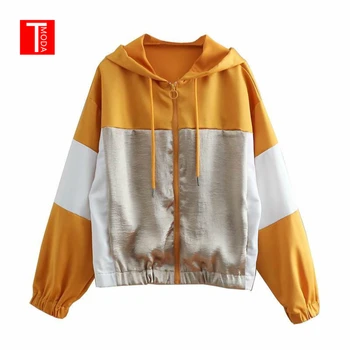 

2019 Spring Autumn Women Patchwork Stain Hoodies Ladies Jogger Hooded Pullovers Street Wear Jackets Chic Jogging Tops Oversize