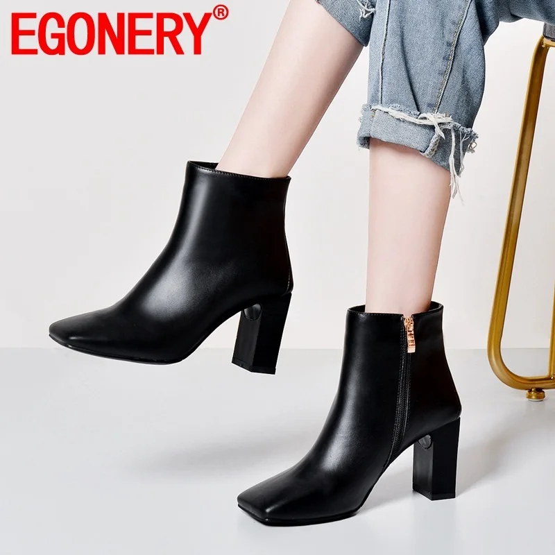 

EGONERY woman shoes 2019 spring new fashion sexy square toe genuine leather ankle boots outside high heels zip plus size shoes