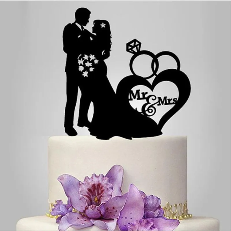 Уникальные мистер и миссис свадебный торт Топпер с Жених и невеста силуэт, Свадебные украшения в Дизайн с сердечком Свадебные топперы