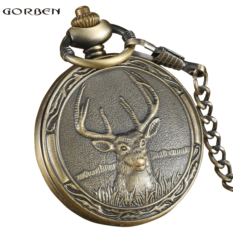 Vintage Quartz Pocket FOB watch Antique Deer with Pendant necklace Bronze Boys Pocket watch chain for Men Gifts Relogio De Bolso Vintage Quartz Pocket FOB watch Antique Deer with Pendant necklace Bronze Boys Pocket watch chain for Men Gifts Relogio De Bolso