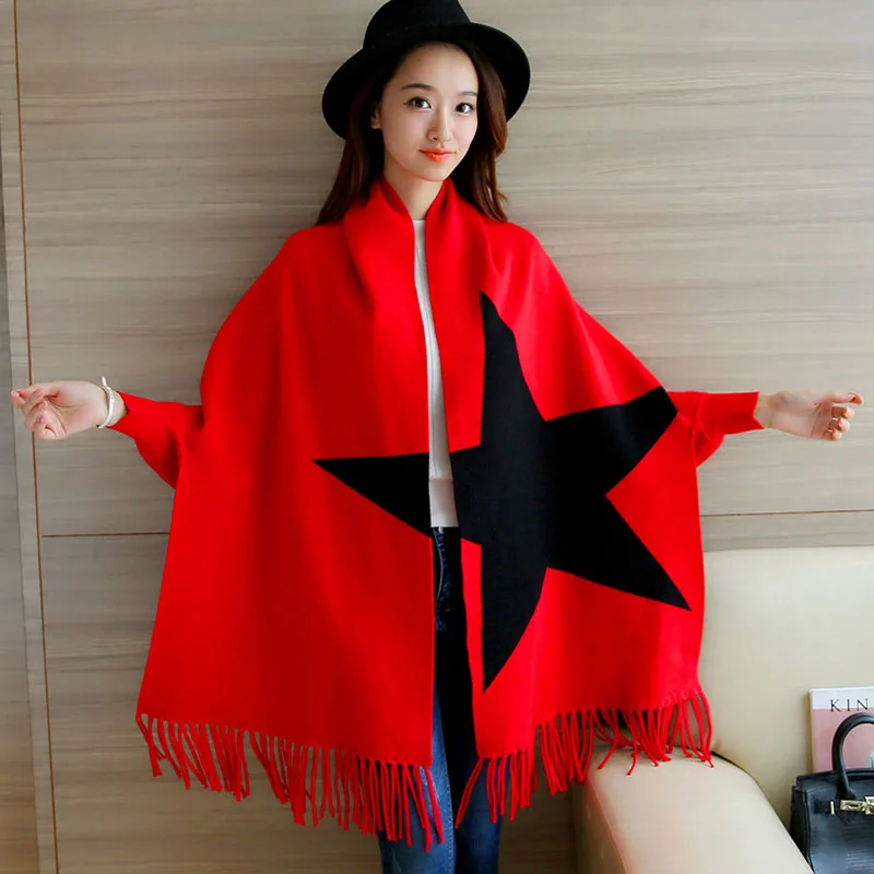 women's doubles new winter long knitted shawl cardigan sweater coat surface wear long sleeve cloak tassel knitwear star print