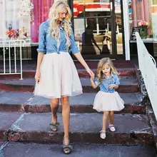 Mother Daughter Clothes Set Children Clothing GirSummer Women Girls Denim shirt Top Skirt Outfit 2PCs