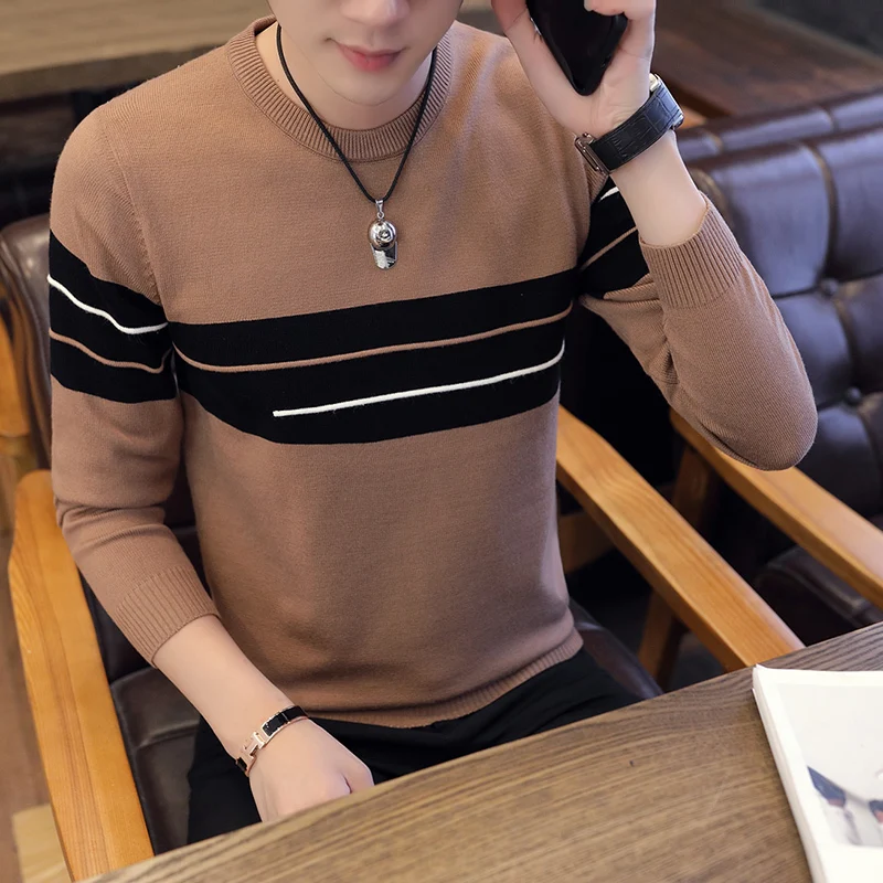 

Casual Stripe Knitted Round Neck Long Sleeve Sweater Male 2018 Autumn Winter Leisure Exquisite Slim Adult Men Pullover M-2XL