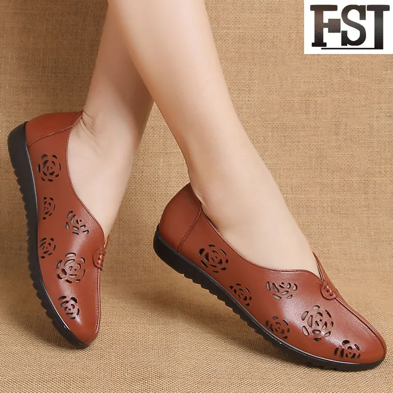 

FSJ Genuine Leather Synthetic Slip-On Spring/Autumn Unique Dress Sewing Brown Flats For Women Shoes 2019 Size 39