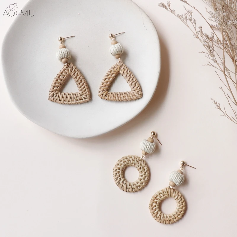 

AOMU 2019 Straw Geometric Circle Round Hollow Triangle Dangle Drop Earrings for Women Girl Party Beach Gift Jewelry Accessories