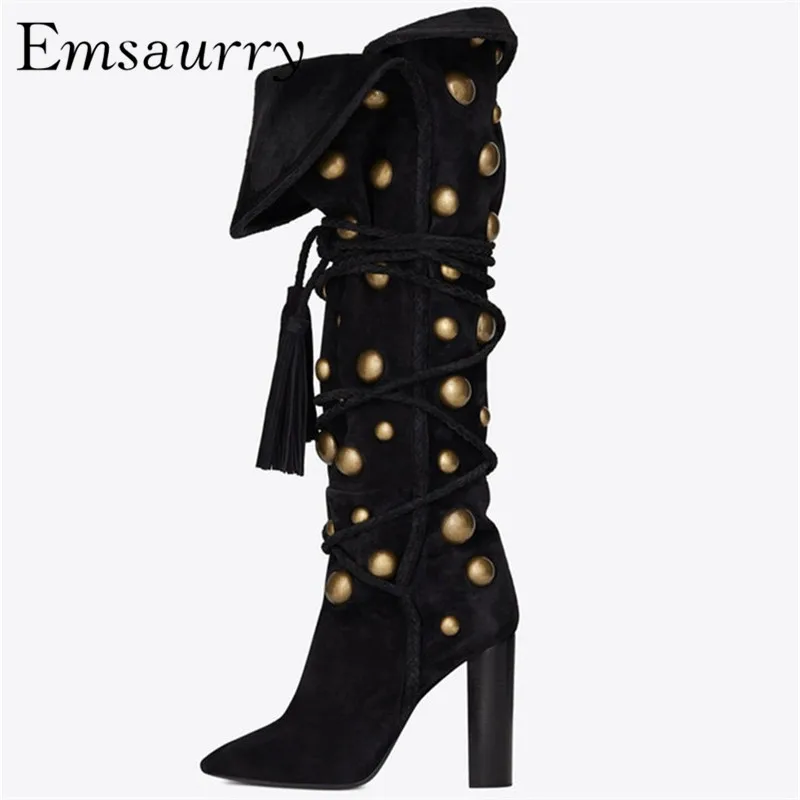 

Punk Style Knee High Boots New Autumn Winter Runway Booties 2019 Chunky Heel Cross-tied Fringe Metal Rivet Women Boots
