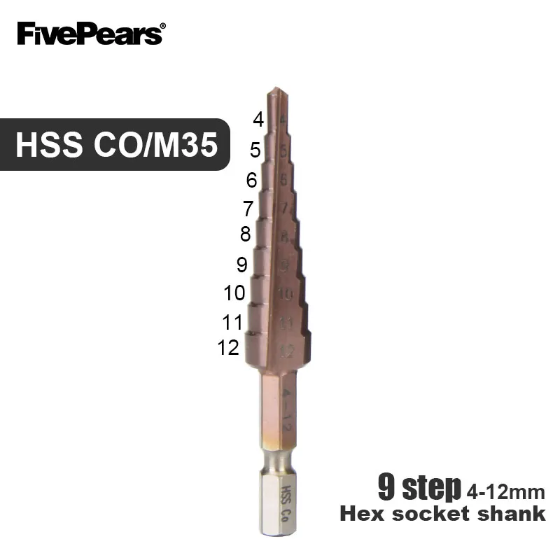 FIVEPEARS сверлильный инструмент отверстие резак высокая скорость Пагода форма Шаг сверло набор дерево металл центр - Цвет: HSS COM35(4-12)9STEP