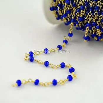 

Finding 4MM Wire Wrapped Beaded Chains Rosary chain Deep Blue color faceted Crystal beads jewelry making