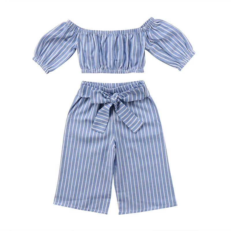 

2018 New Fashion Toddler Baby Girl Off shoulder Crop Tops Bow Loose Wide Long Pant 2PCS Striped Children Clothes Set Summer