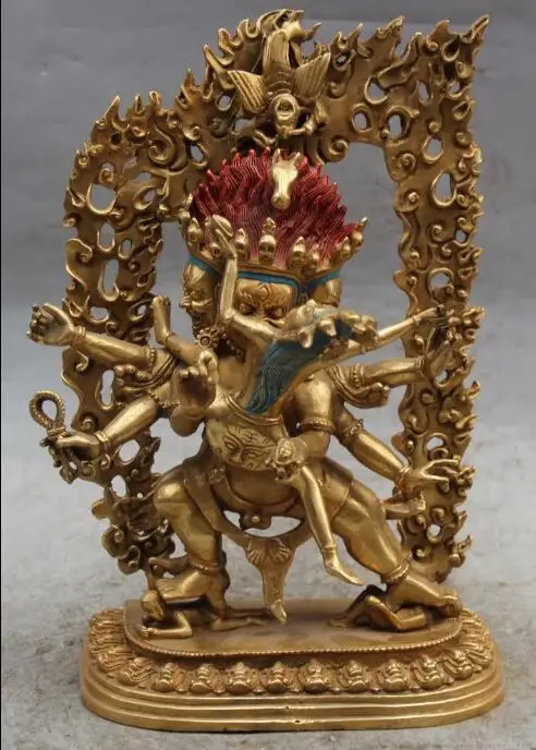 

S01415 12" Tibet Bronze Painting 3 Head 6 Arms Mahakala Buddha Gollum Head Deer Statue