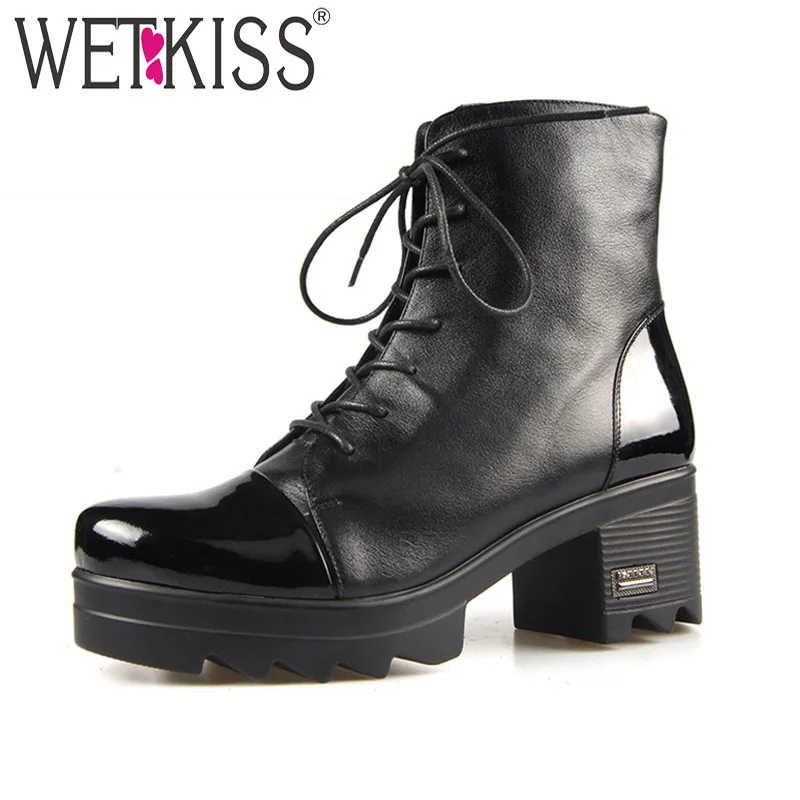 

WETKISS High Heels Women Ankle Boots Round Toe Lace Up Footwear Warm Wood Liner Female Boot Platform Shoes Woman 2018 Winter New