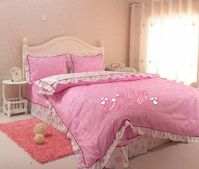 free shipping 100 cotton big pink flower design bedding set luxury pink bed sheet