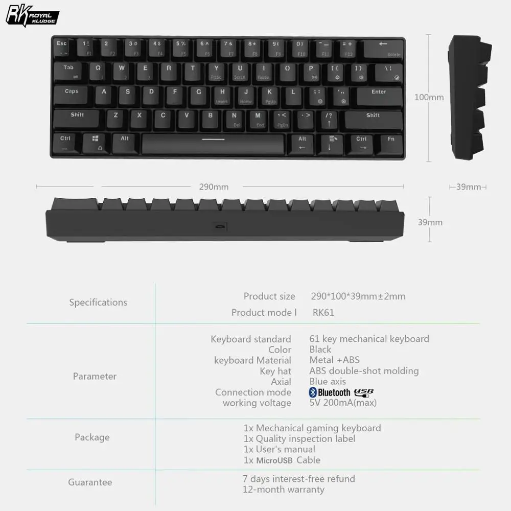 RK Royal Kludge RK61 Беспроводная Bluetooth Механическая игровая портативная 60% клавиатура 61