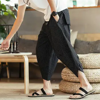 

Cotton Linen Mens Harem Pants Summer Male Casual Calf-Length Pants 2019 Striped Big Pocket Baggy Pants Trousers Hip Hop Pants