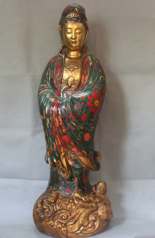 

S2137 32" Chinese Bronze Gilt Cloisonne Guan Yin Kwan-yin Goddess Bodhisattva Statue D0318