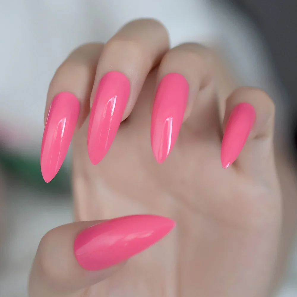 Rosa quente extra longo unhas falsas stiletto dicas oval final stilettos  unhas falsas rosa vermelho gel manicure unhas artificiais salão de beleza -  AliExpress, image size:1000x1000