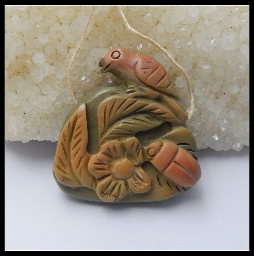 

New Natural Multi-Color Picasso Jasper Carved Flower And Owl Pendant Bead Fashion Jewelry Necklace Accessories 39x41x11mm 22.9g