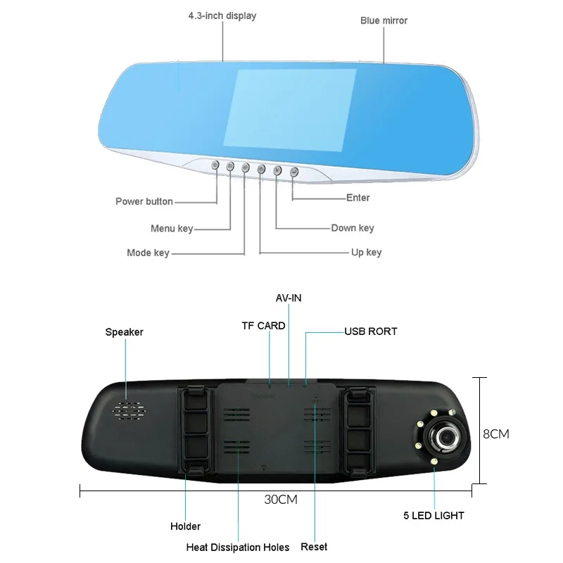 E-ACE, автомобильная камера, зеркало заднего вида, DVR, двойной объектив, цифровой видеорегистратор, авто регистратор, 5 светодиодных ламп, ночное видение, Full HD 1080P