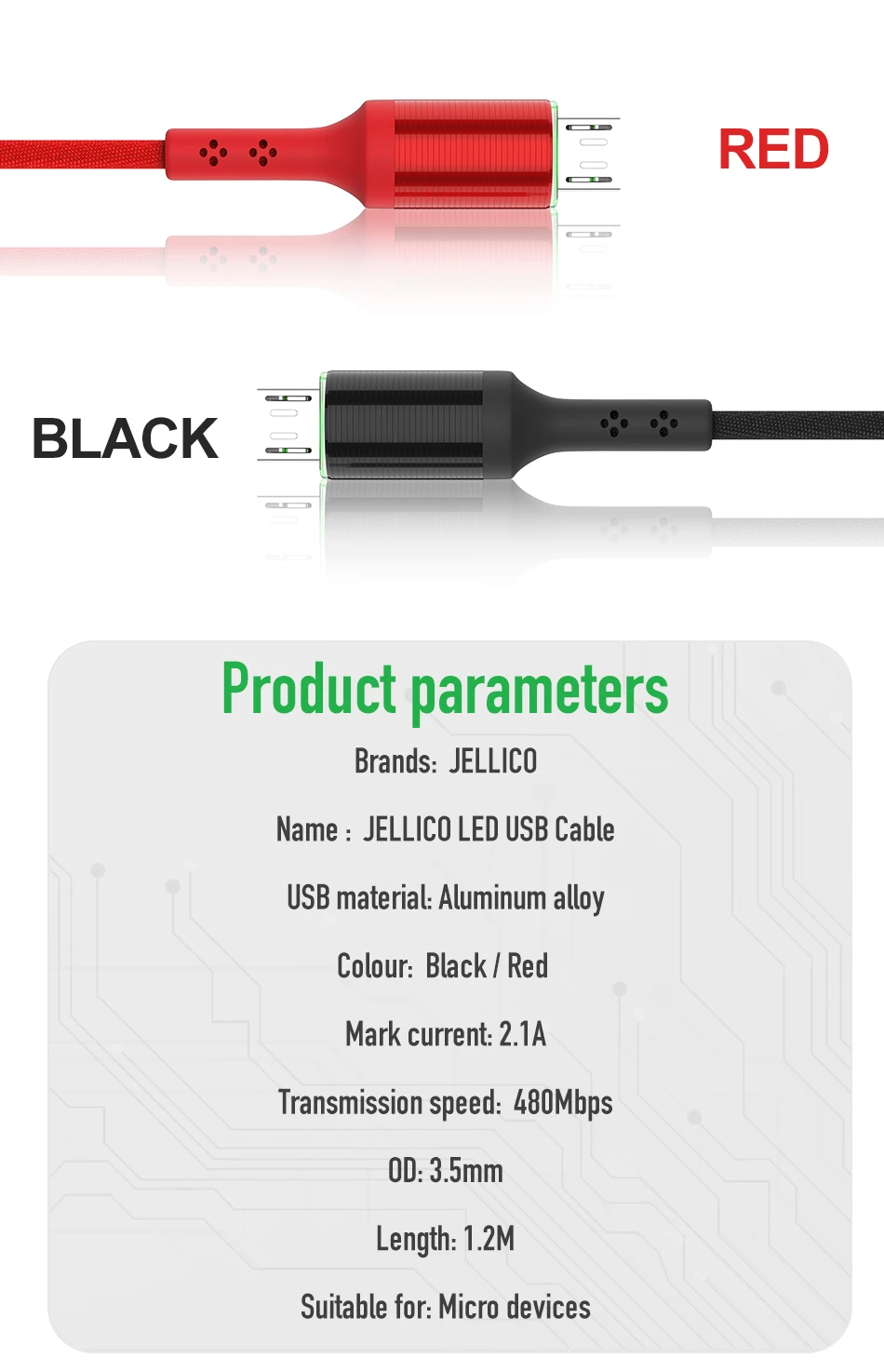 Jellico светодиодный кабель Micro USB для Xiaomi Redmi 4X Note 5 Реверсивный Micro usb кабель для зарядки samsung S7 мобильный телефон