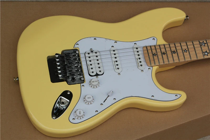 

Factory left hand headstock yellow cream ST star inlays fretboard 6 string floy rose bridge HSS pickups Electric Guitar Guitarra