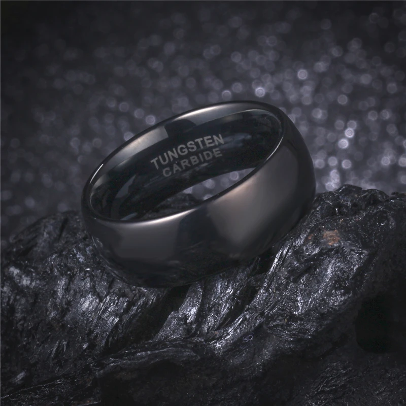 Carved Engrave Jewelry 8mm Black Dome Solid Tungsten Carbide Ring Polished Men's Wedding Engagement Band Size 7-14 TU002R