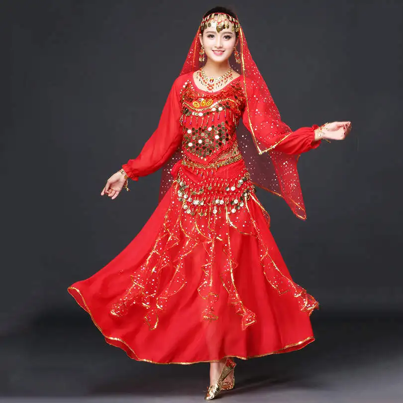 Женская танцевальная одежда сари набор костюма для танца живота Индийские танцы Болливуд костюм(набор включает топ, пояс, юбку и вуаль - Цвет: res long sleeves