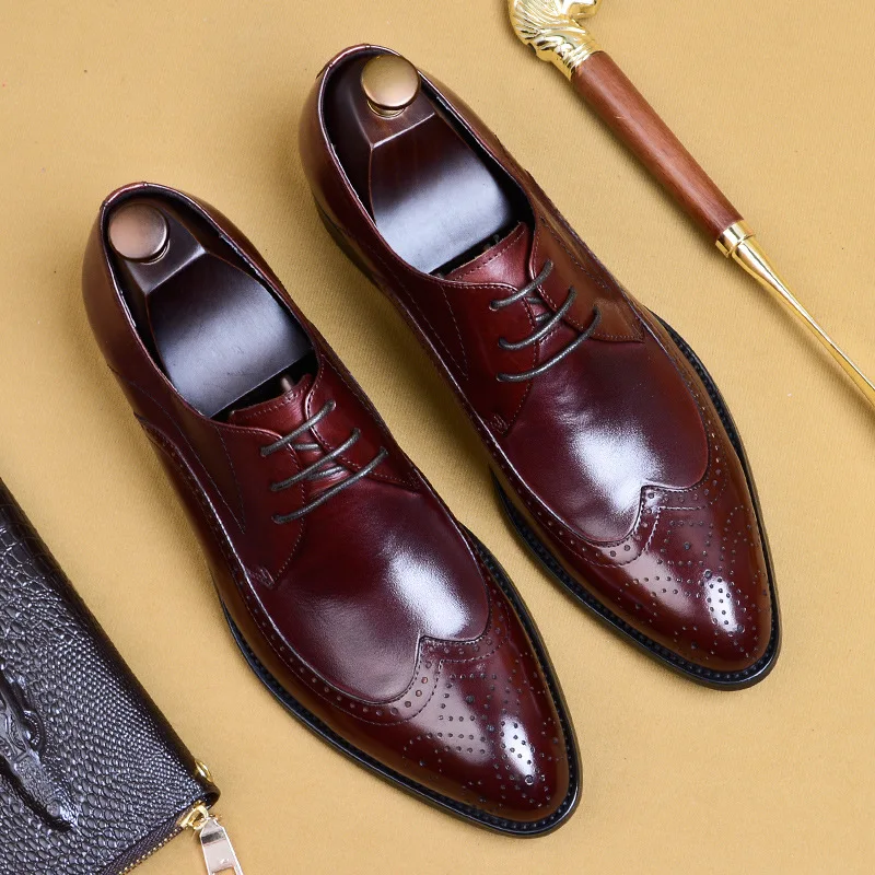 QYFCIOUFU/официальная обувь с перфорацией типа «броги»; Мужские модельные туфли из натуральной кожи; Туфли-оксфорды с острым носком в стиле ретро; мужская обувь на шнуровке размера плюс; американские 11,5 - Цвет: Бордовый