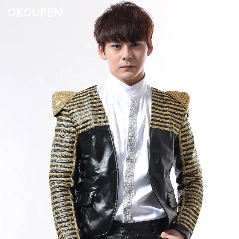 

Personality shrug embroidered jacket black red white performance coat nightclub male singer bar rock punk costume costume